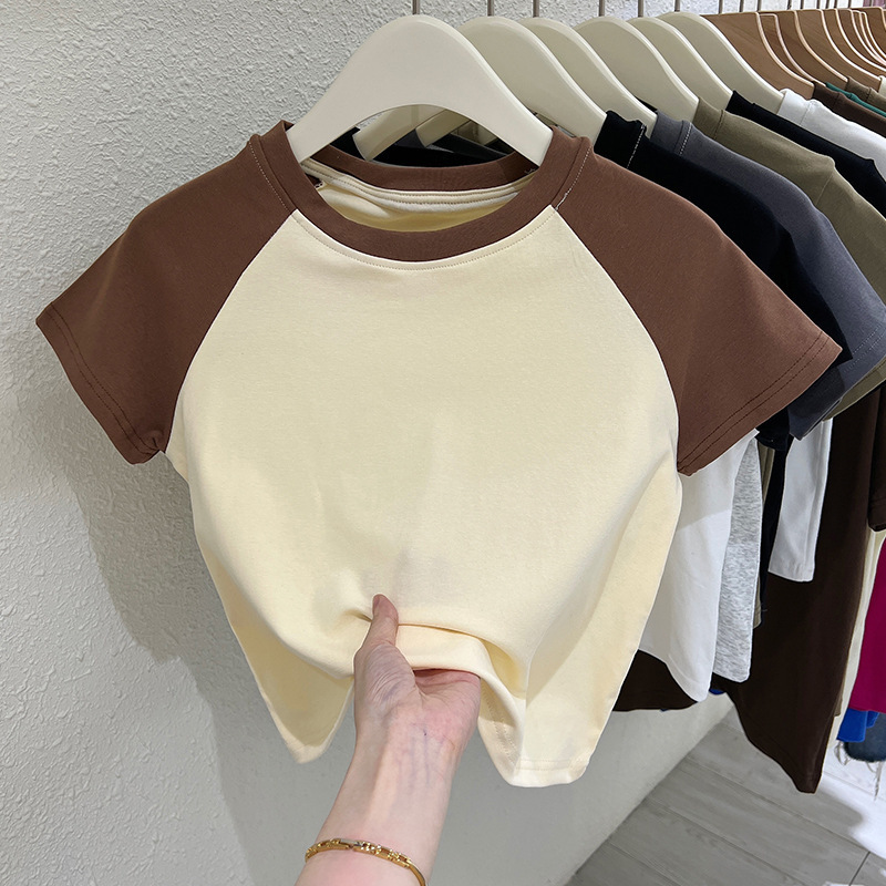 2025 New Summer Color Contrast Ras Short-sleeved T-shirt Women's Design Sense All-match High Waist Navel Slim-fit Short Top