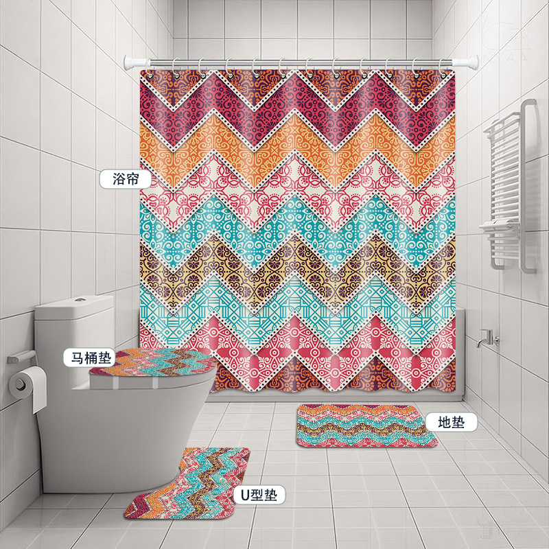 Venta caliente de Amazon Cortina de ducha de baño bohemia Tela de cortina de baño impermeable Juego de cuatro piezas Gran cantidad y excelente precio