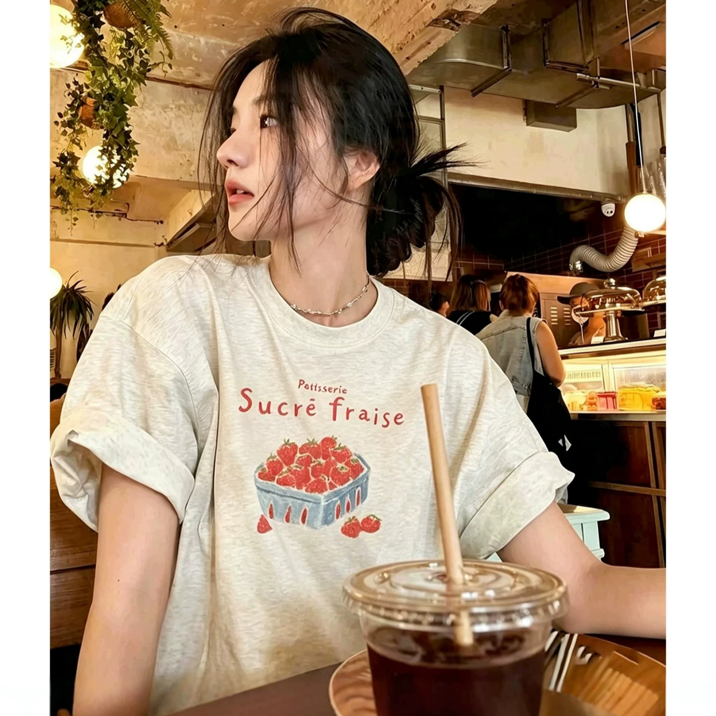 Korean-Style Pure Cotton Letter and Strawberry Print Short-Sleeve T-Shirt for Women, Summer Loose Fit, Round Neck, Plus Size 100kg Top