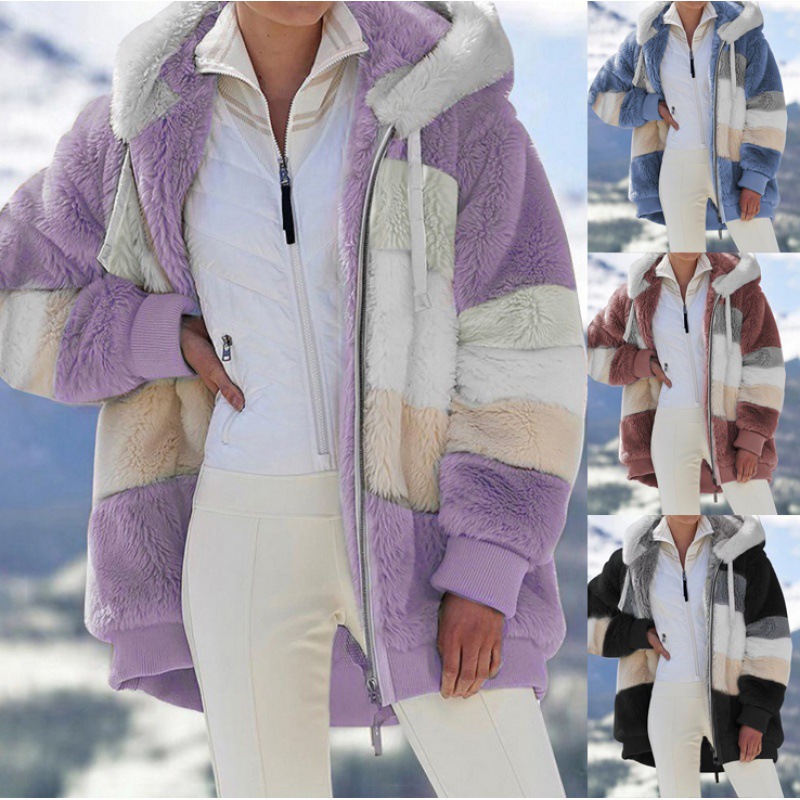 2021 Amazon Wish Independent Site Hot Selling New Autumn/Winter Loose-fitting Plush Multi-color Hooded Coat for Women