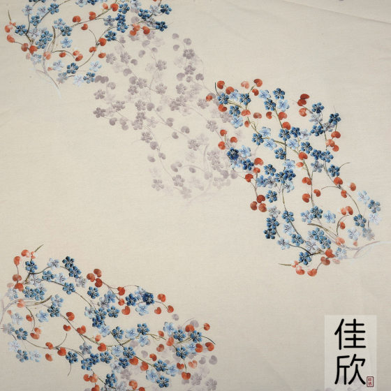 New Chinese style plant printing fabric imitation Ramie National style retro Hanfu cheongsam dress shirt clothing fabric