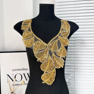 新品爆款金色亮片串珠刺绣树叶型领花夸张演出服婚纱配饰外贸热卖