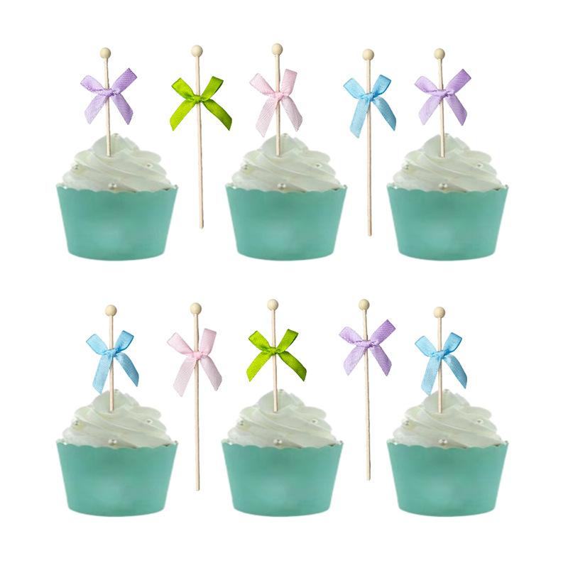 15cm鸡尾酒搅拌棒甜品台装饰插牌蝴蝶结丝带圆球珠子木棍桦木棒