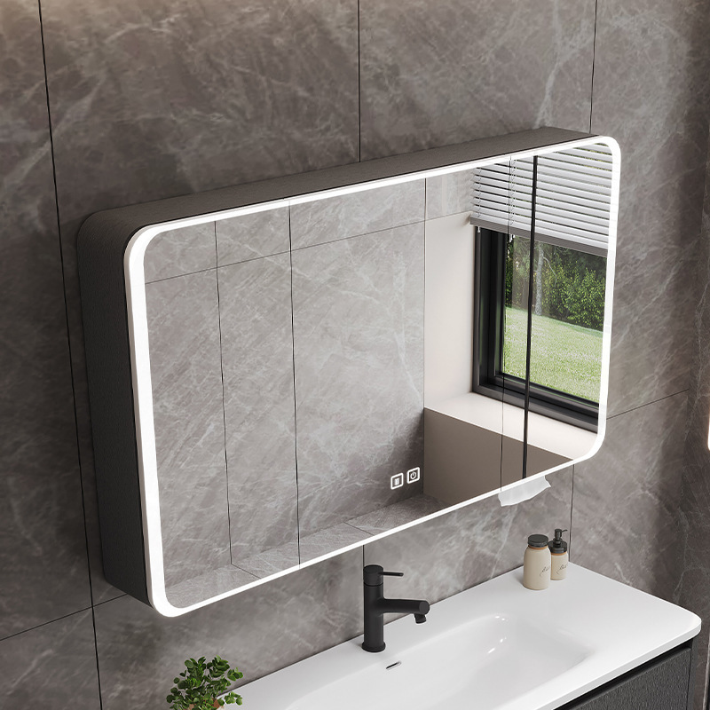 Simple aluminum alloy bathroom mirror cabinet wall-mounted smart mirror with paper drawing cosmetic rack storage cabinet mirror rounded corner Simple aluminum alloy bathroom mirror cabinet wall-mounted smart mirror with paper drawing cosmetic rack storage cabinet mirror rounded corner