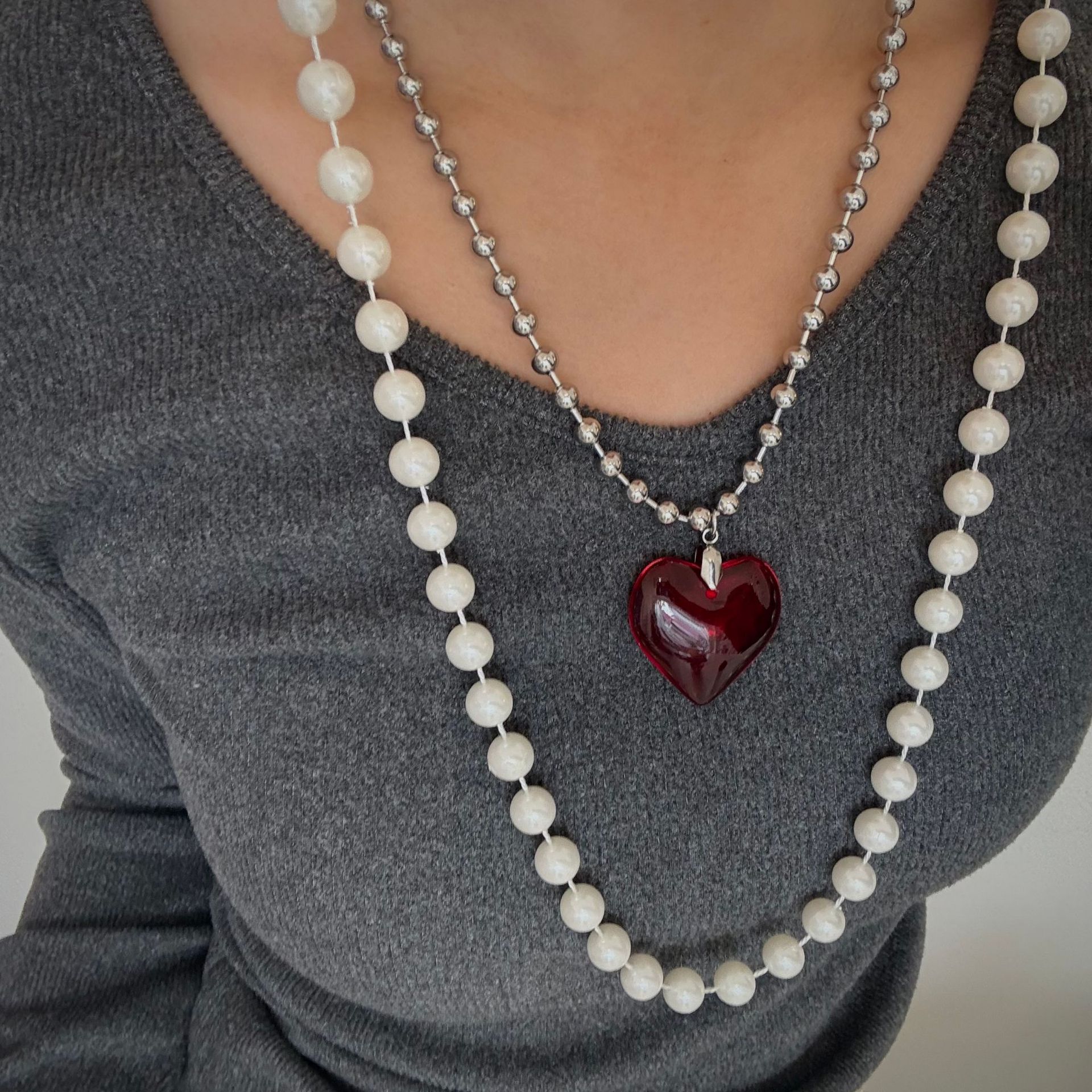 Sweet Cool Style Heart Shape Crystal Leather Rope Titanium Steel Ball Chain Cord String Pendant Necklaces Wholesale display picture 7