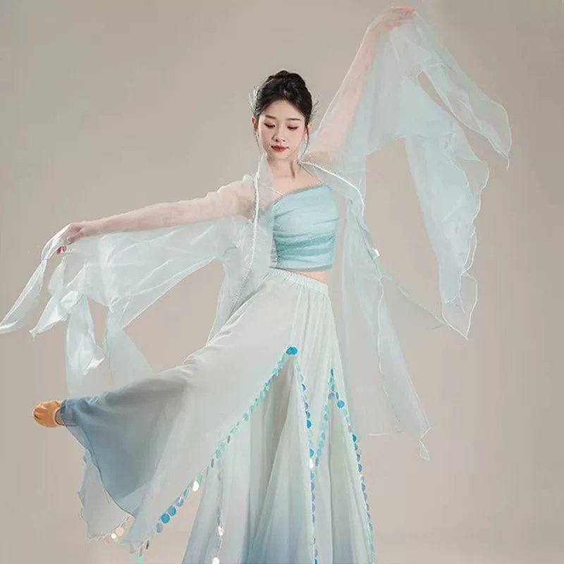 Классический танец в китайском стиле Qingluan Fairy, элегантные марлевые брюки с блестками, юбка «слезы русалки», одежда для танцев в китайском стиле, тренировочная одежда