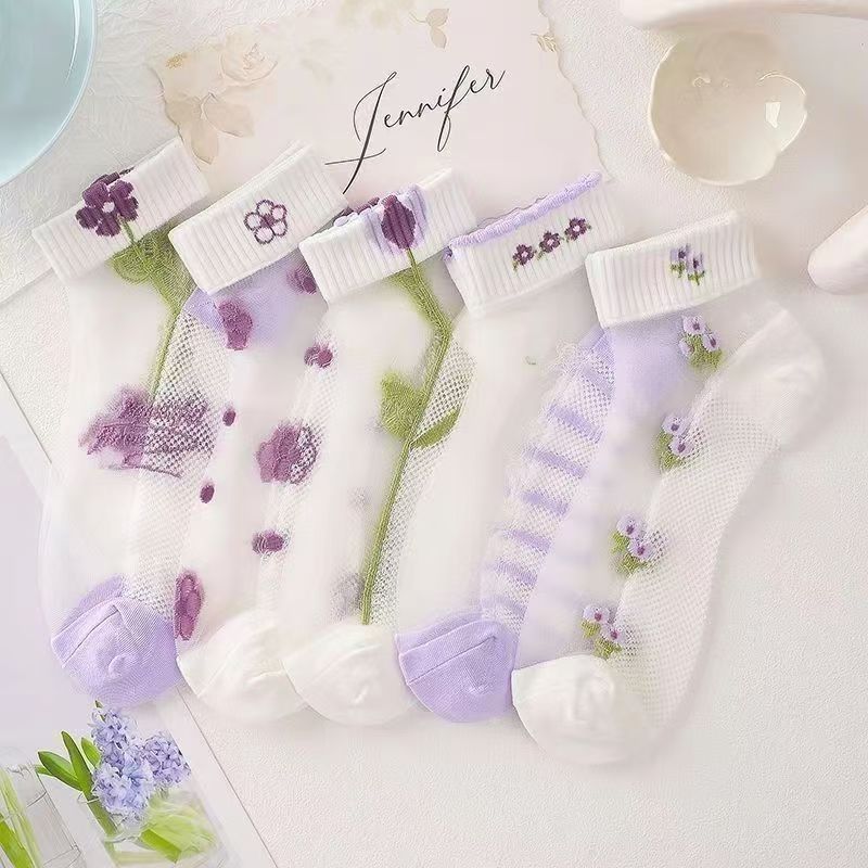 Glass Silk Crystal Socks Women's Short Tube Summer Ultra-thin Mesh Breathable Purple Lavender Lace Japanese Socks