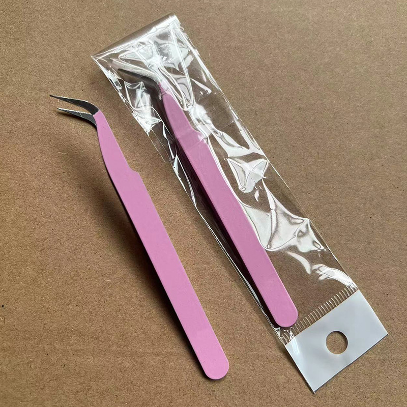 Pinzas para pestañas de acero inoxidable, punta curva, rosa