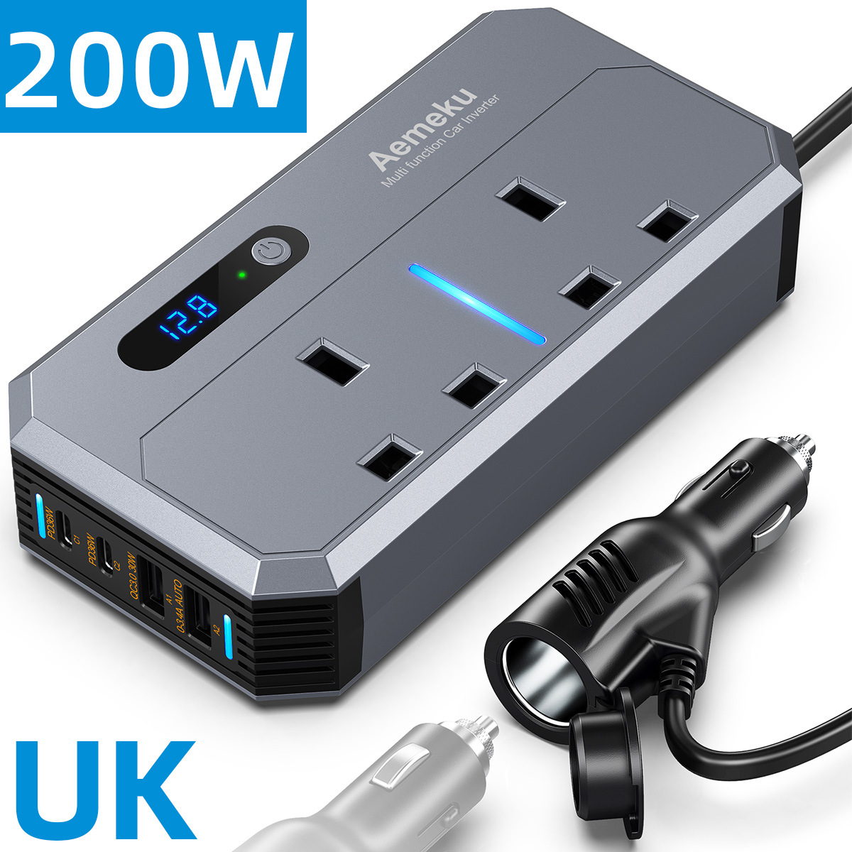 200W英规车载逆变器大功率12V24V转220V转换器PD快充插座车充电器