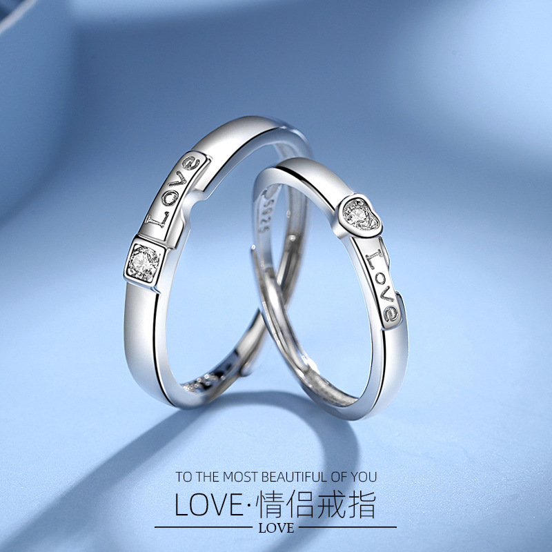 Anillo de pareja de plata esterlina S925 con letras de diamantes anillo de pareja encantadora nicho de moda de alto grado de lujo ligero sin desvanecimiento joyería de boca abierta