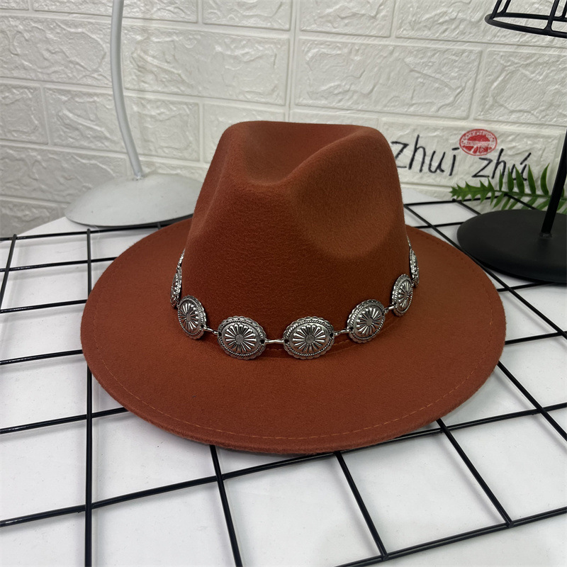 Sombrero de lana europeo y americano sombrero de fieltro de estilo británico decoración de cadena ovalada AliExpress sombrero de jazz borde plano sombrero superior para hombres