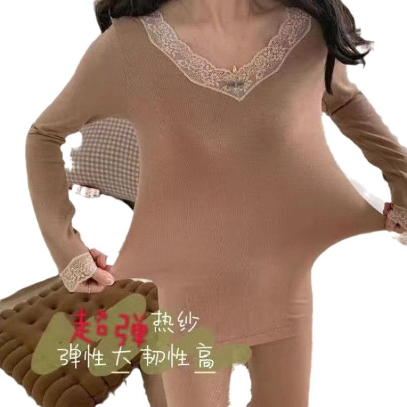 여자용 써멀 속옷, 두껍고, 인터넷 셀럽, 레이스 바텀 셔츠, 가을과 겨울 2024년 신상품 가을 옷과 가을 바지
