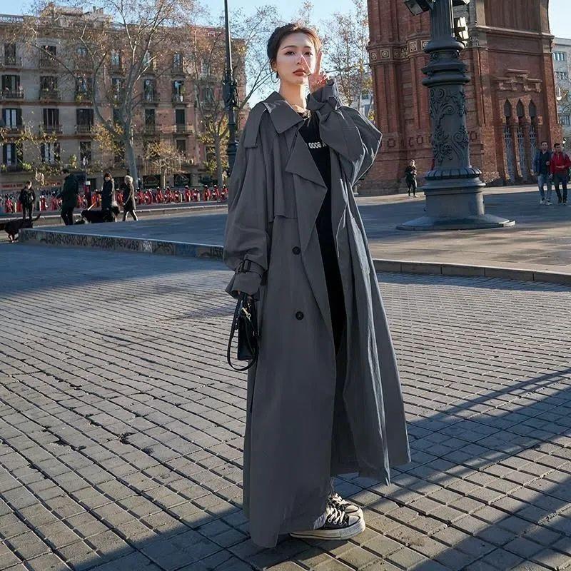 Lined 2025 Korean Style Trench Coat for Women, Korean Style Extra-Long Ankle-Length Coat for Tall People, Plus Size, Lazy Style for Autumn and Winter