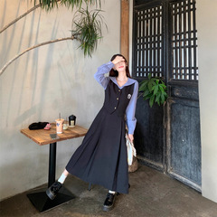 法式气质假两件连衣裙女2025秋季新款高级感学院风收腰显瘦中长裙