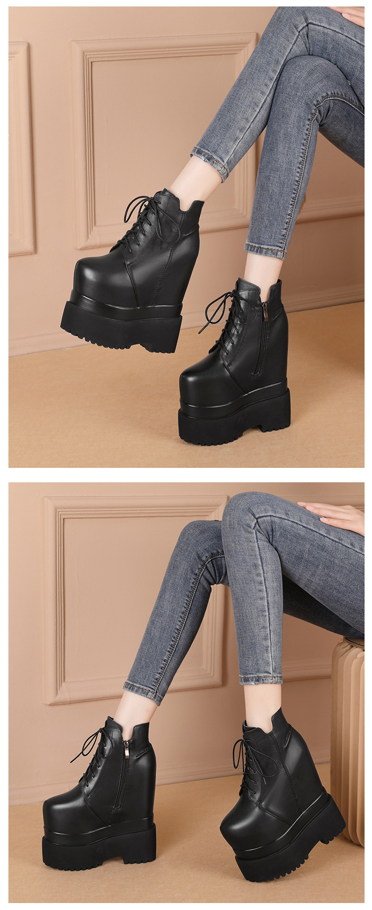 Boot nữ dây buộc đế dày chống thấm, gót trong 18 cm tăng chiều cao — Màu đen lót nhung chi tiết 5