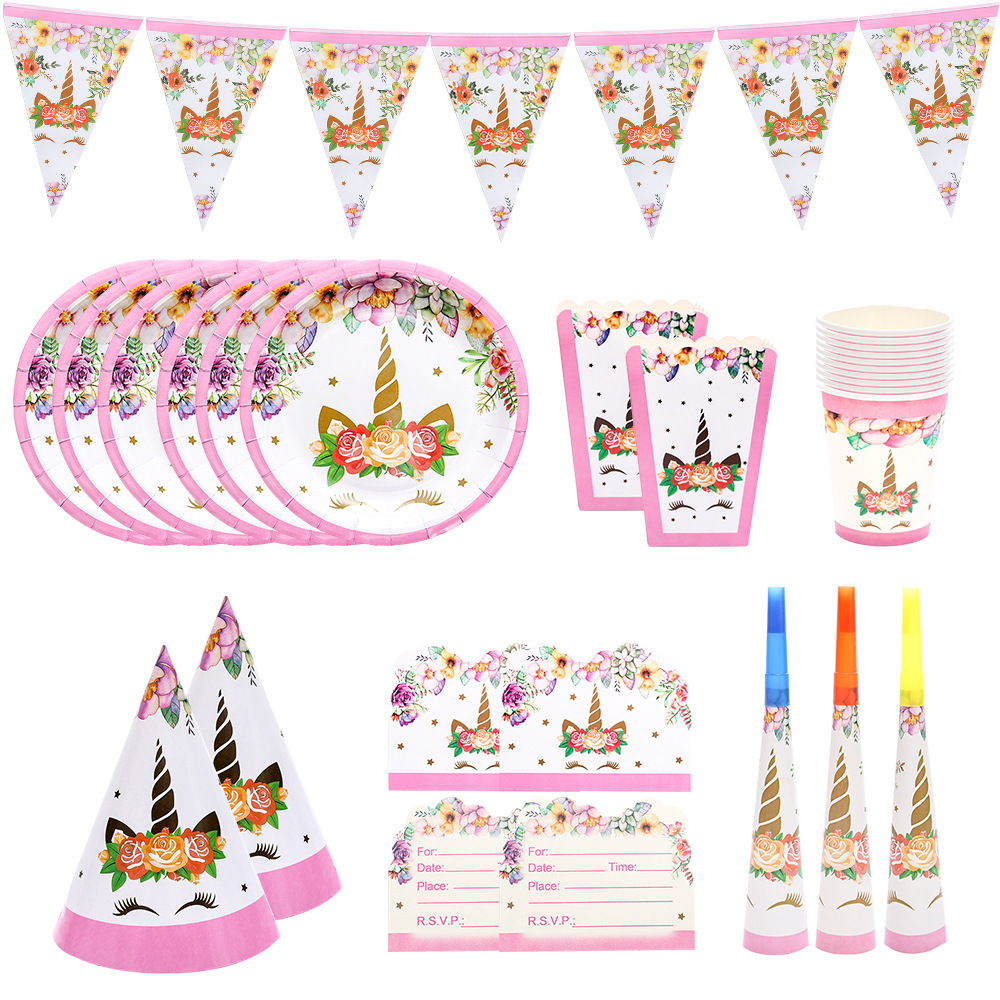 Flor unicornio Rosa plato de papel cuchillo tenedor cuchara cumpleaños mantel los niños decoración del partido suministros