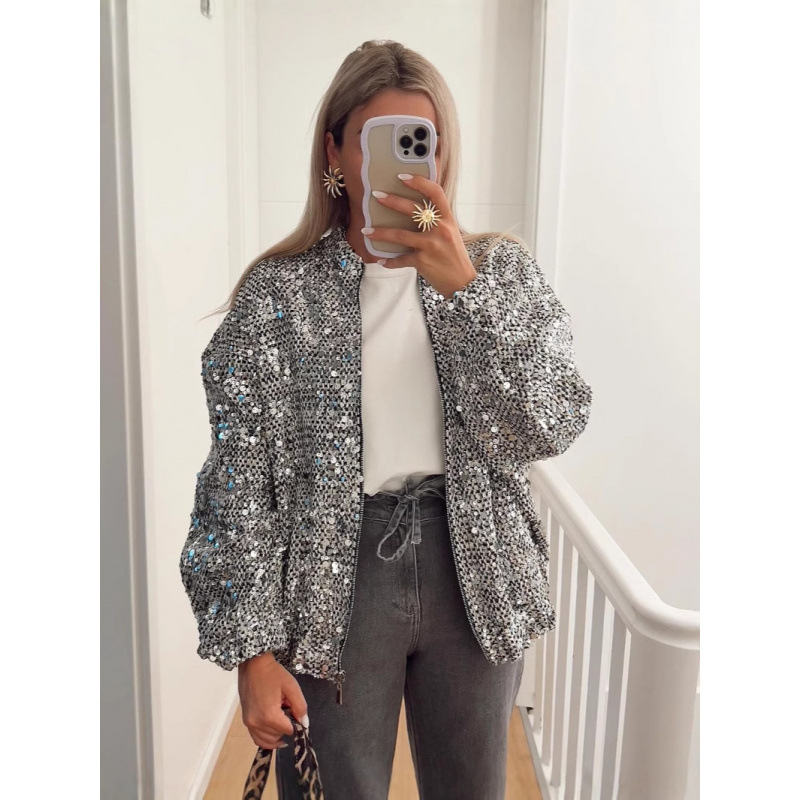 2025 New Loose Retro Fashion Sequin Jacket Coat Zipper Long Sleeve Coat European and American Cross-border Explosion Coat