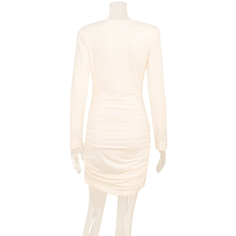 Women Clothing Swing Collar Low Cut Solid Color Simple Waist Fitted Workplace Adult Lady like Woman Hip Bag Dress