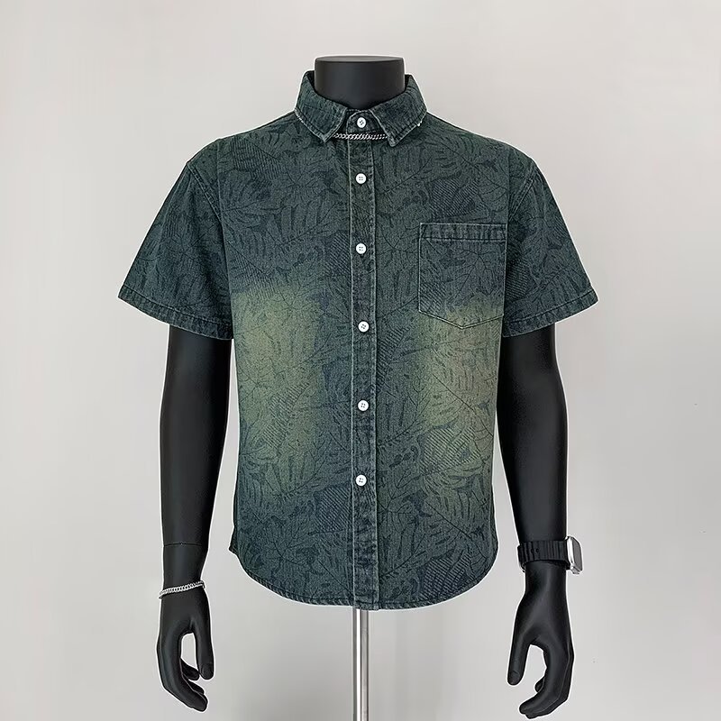 Chinese Trendy Niche Design Jacquard Denim Short-Sleeved Shirt Men's Summer Loose Casual Couple Half-Sleeved Shirt Jacket