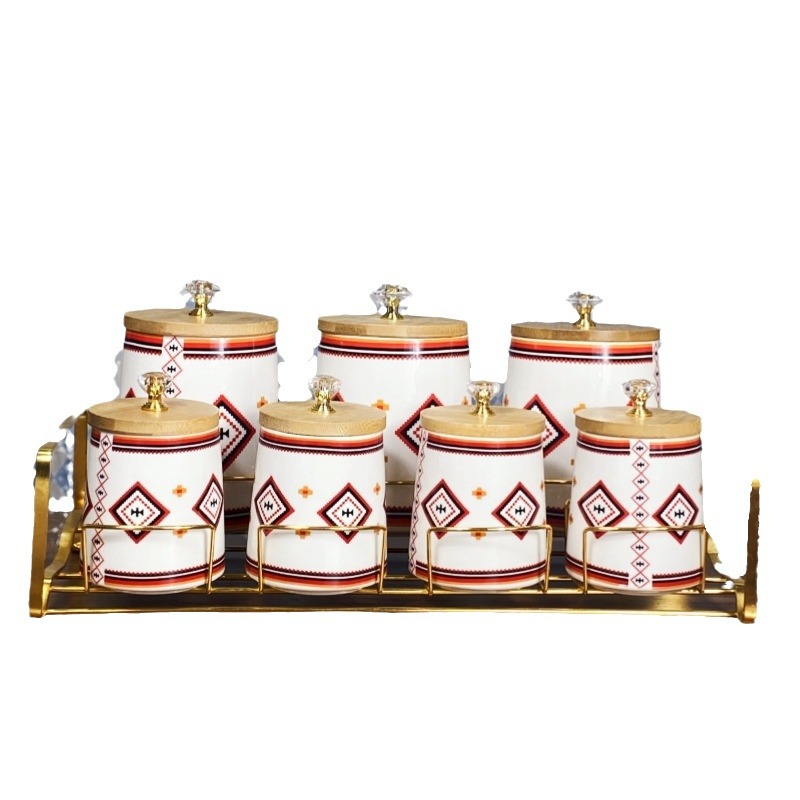 Comercio exterior exportación de cerámica de lujo ligera condimento cocina cubierta de madera condimento caja de cuentas superior conjunto de comercio con estante de contenedor