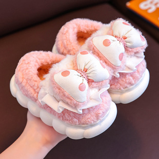 Winter Children's Cotton Shoes Baby Girl Princess Bow Plush Home Shoes Indoor Warm Girls Cotton Slippers Bag Heel