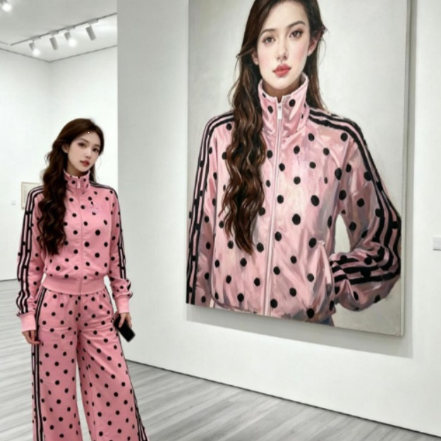 Cross-Border Foreign Trade 26 Spring New Style Velvet Printed Three-Stripe Polka Dot Stand Collar Jacket for Women, Slim Fit, Sweet Style, Sun Protection Outerwear Cross-Border Foreign Trade 26 Spring New Style Velvet Printed Three-Stripe Polka Dot Stand Collar Jacket for Women, Slim Fit, Sweet Style, Sun Protection Outerwear
