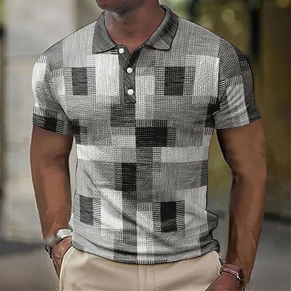 Botón de los hombres camisa polo a cuadros patrón solapa moda 3D Impresión digital moda urbana suelta casual