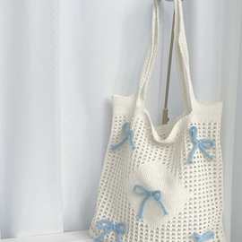 新款夏季跨境外贸包包ins风蝴蝶结毛线包海边沙滩度假镂空针织包