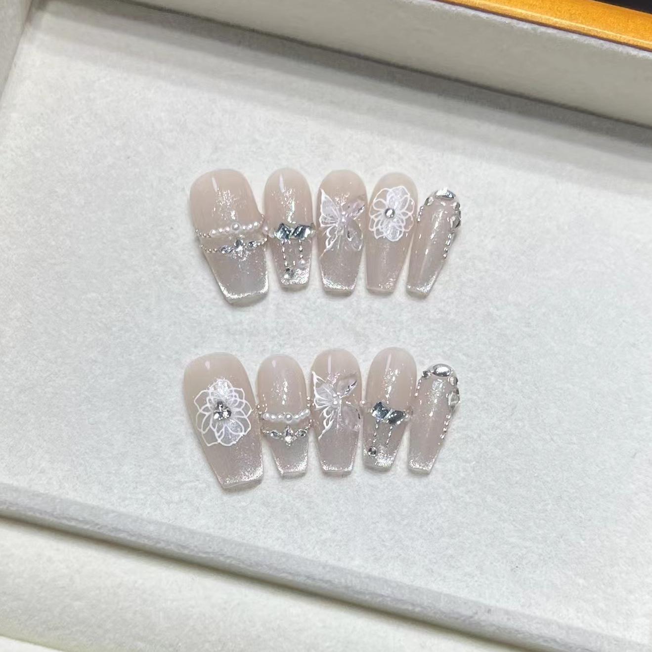 淺來美甲【原創】氣質溫柔純欲法式貓眼貝殼蝴蝶花卉珍珠美甲貼片