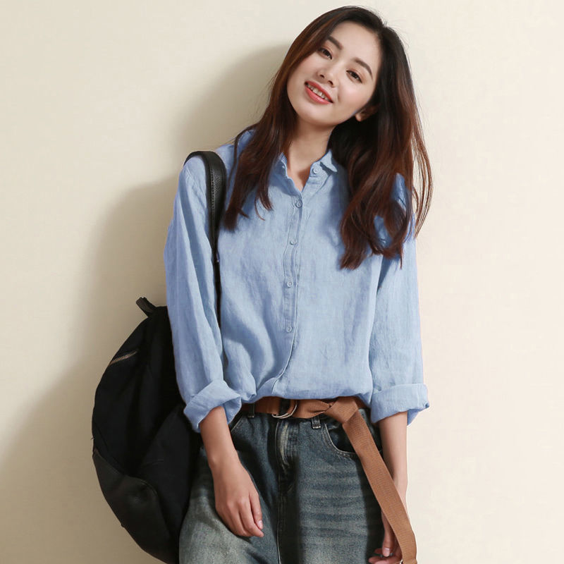 [신강면] 예술면 · 리넨 셔츠 여성 신톱 디자인 틈새 느슨한 긴팔 리넨 셔츠