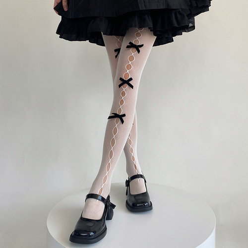 ins Japanese sweet girl plaid velvet handmade bow hollow hole fishnet stockings pantyhose white stockings