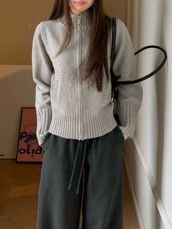韩版时尚立领长袖毛衣外套女2025秋冬新款宽松百搭慵懒风针织开衫|undefined