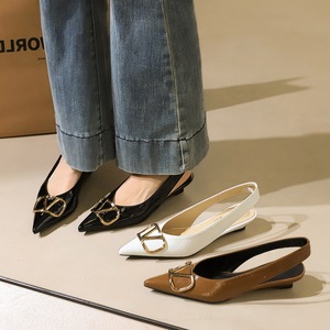 6600-K117 French Fashion V-Buckle Low Heel Pointed Shallow Mouth Casual Versatile Slope Heel Back Empty Rear Tripstrap S
