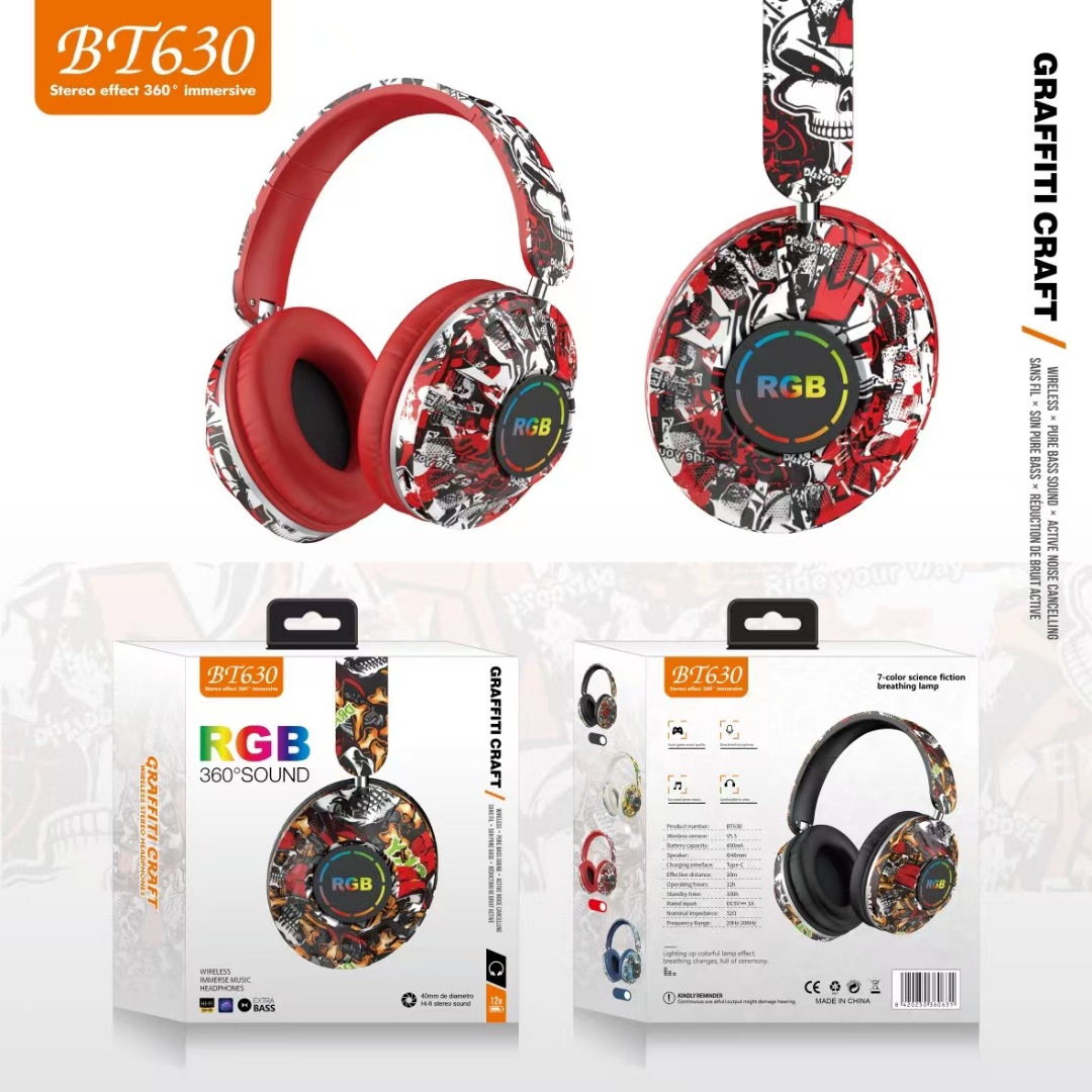 BT630 auriculares Bluetooth de estilo caliente auriculares inalámbricos marea nacional graffiti nuevo deporte de música estéreo luminoso