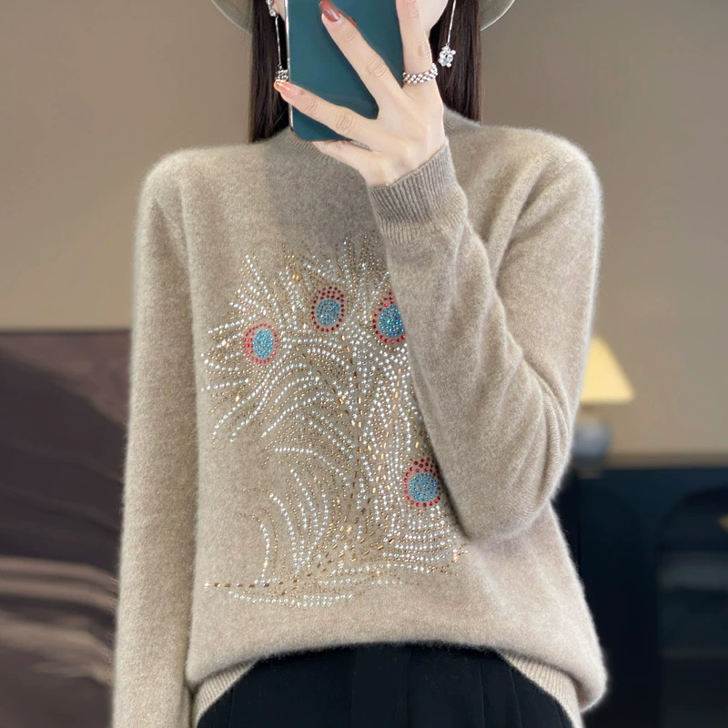 Горячий бриллиант тяжелый темперамент с половинным вырезом пуловер нижняя рубашка женская осень-зима новая мода свободный тонкий вязаный свитер