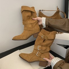 牛反绒皮带扣时尚复古圆头平底西部靴女秋冬真皮中筒半靴机车靴子