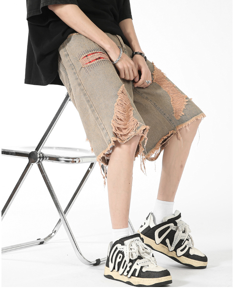 Jeans im amerikanischen Stil für Herren, 2024, Sommer, trendige Marke, Distressed-Denim-Shorts, Jugend, High Street, lockere, lässige Caprihosen_voghion.com