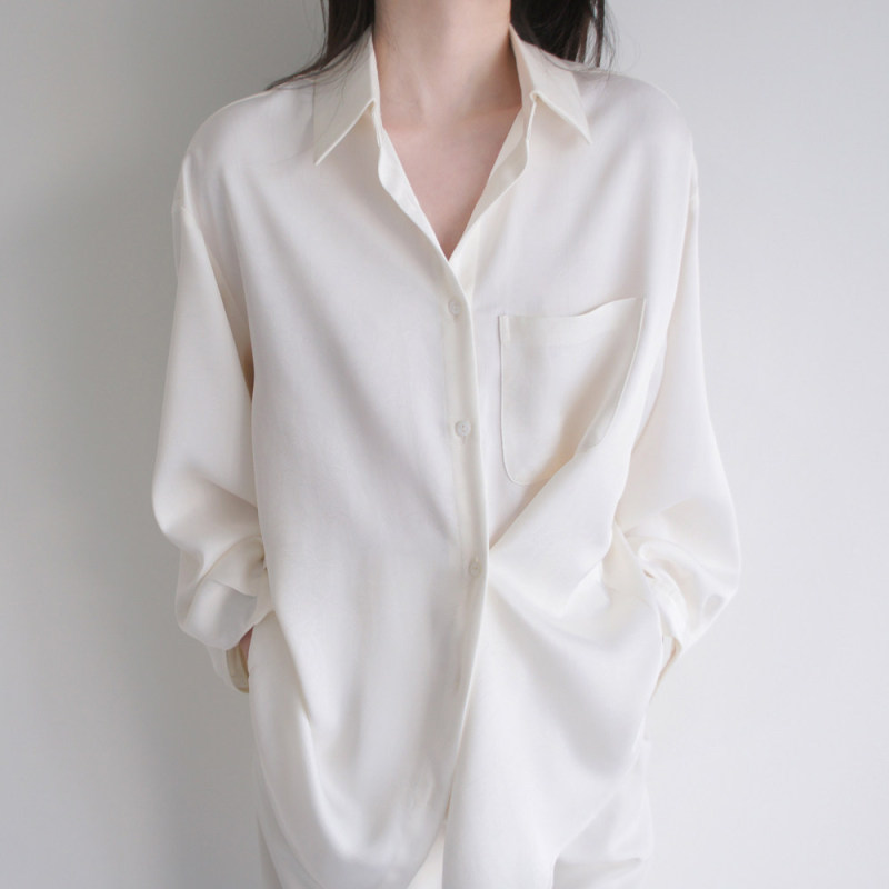 Lost and Found Pearl Rice/Black Crinkled Matte Satin Asymmetrical Design Boyfriend Style Long-Sleeve Shirt