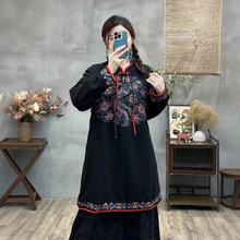 2024冬季新款中长款重工刺绣夹棉立领撞色文艺复古立领宽松连衣裙