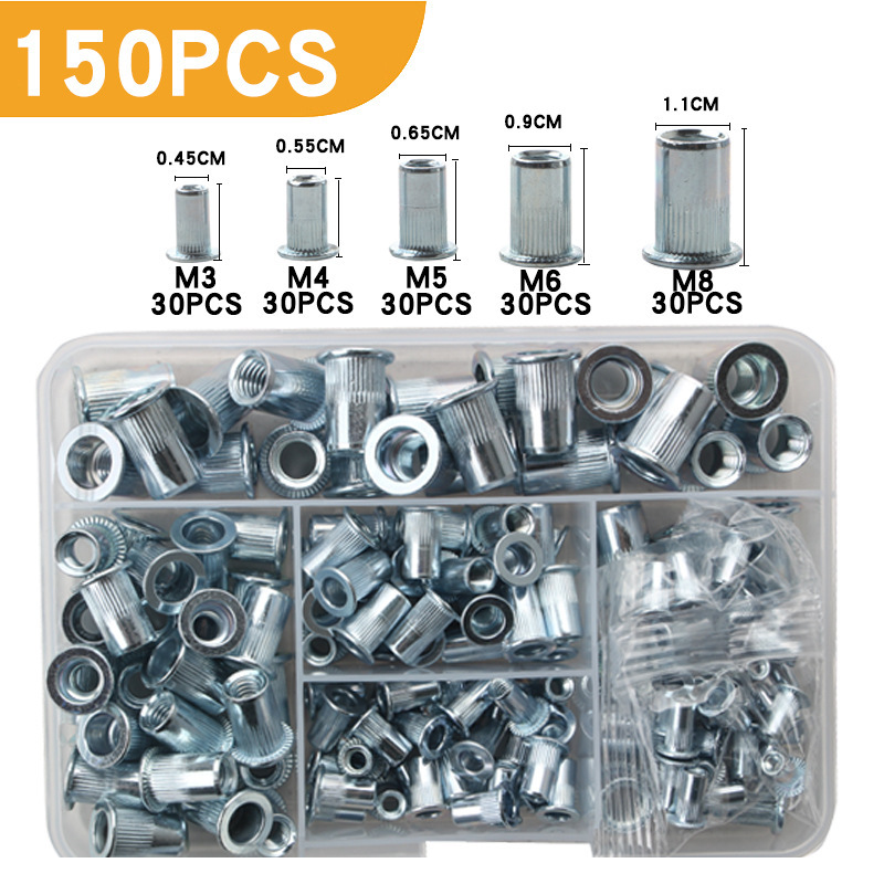 150PCS平头竖纹拉铆螺母 盒装铝材质铆螺母M3-M8滚花螺母跨境