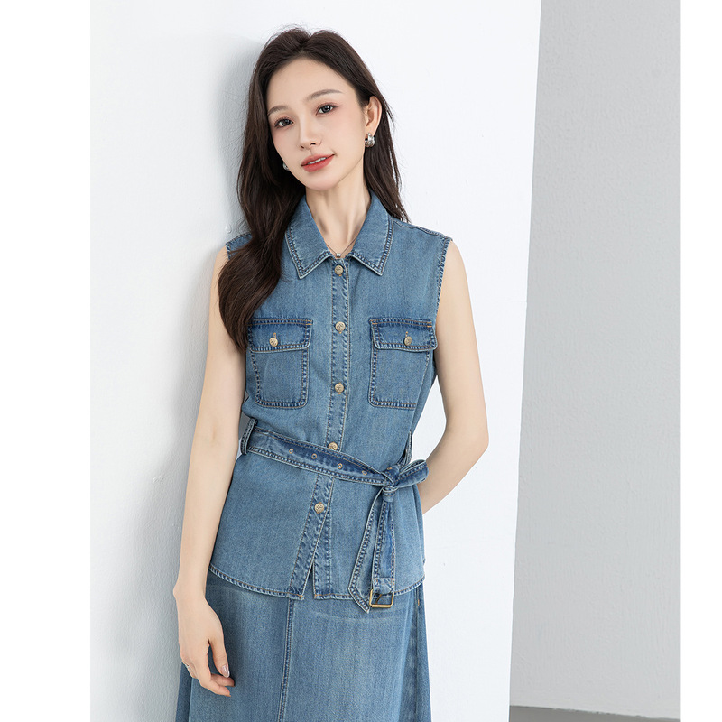 Xingge Relaxed Old Money Style Denim Vest and Skirt Set with Tie Waist, Turn-Down Collar, Sleeveless Top, Versatile for Commuting