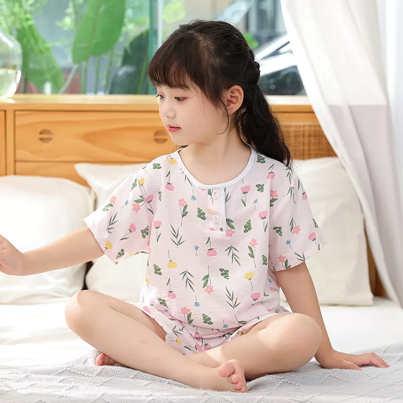 儿童夏季薄款睡衣短袖短裤套装家居服男孩子女童中大童云朵棉批发