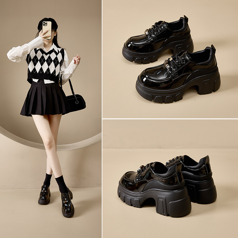 2025秋冬厚底增高乐福鞋英伦复古黑色漆皮7CM粗跟小皮鞋复古风
