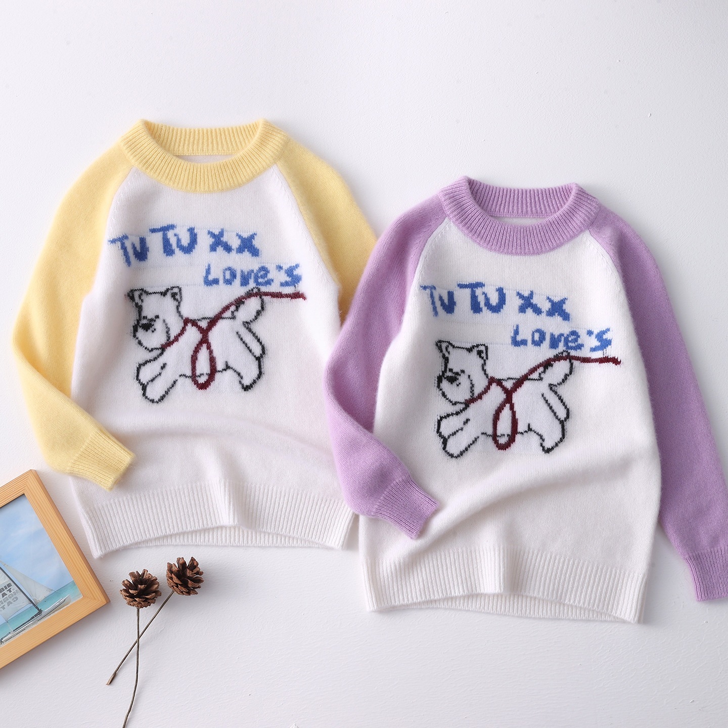 Children's raglan color-blocked wool sweater, boys' and girls' puppy jacquard sweater, baby color-blocked round neck pullover top