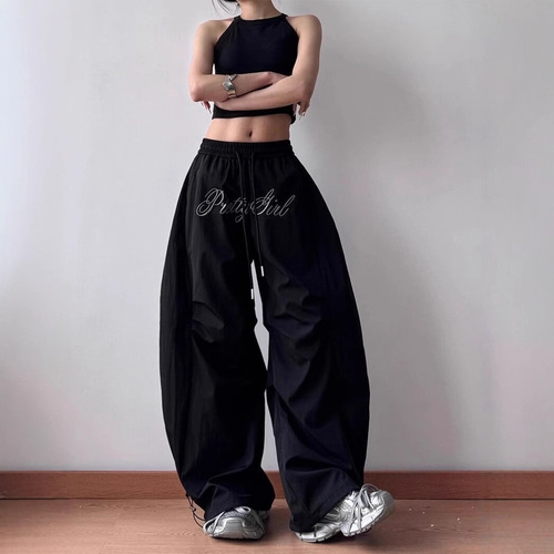 American Letter Embroidered Pleated Parachute Workwear Leisure Pants for Women 2025 Spring New Style Flowy Wide Leg Knife Pants