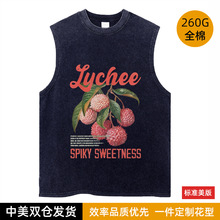 创意荔枝水果印花无袖T恤水洗夏新品时尚个性潮牌宽松背心男美式