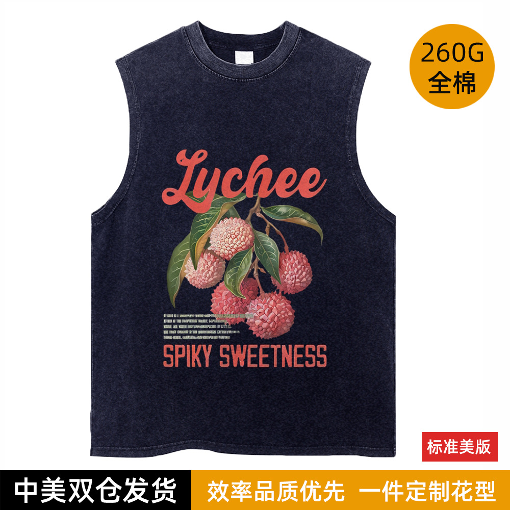 创意荔枝水果印花无袖T恤水洗夏新品时尚个性潮牌宽松背心男美式