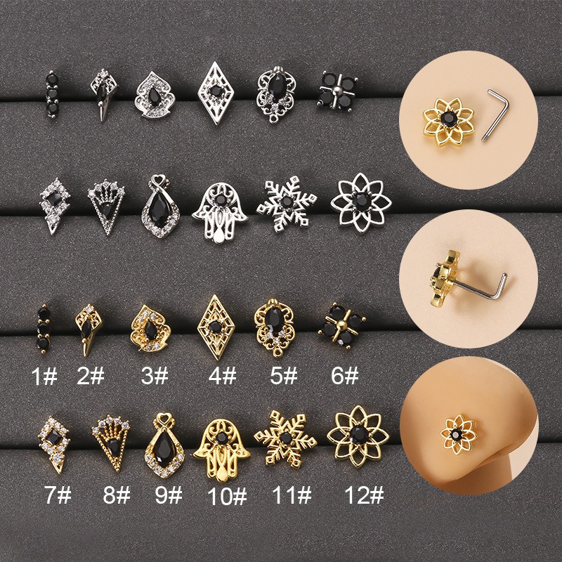 Fashion Geometric Stainless Steel Inlay Artificial Pearls Zircon Nose studs 1 Piece