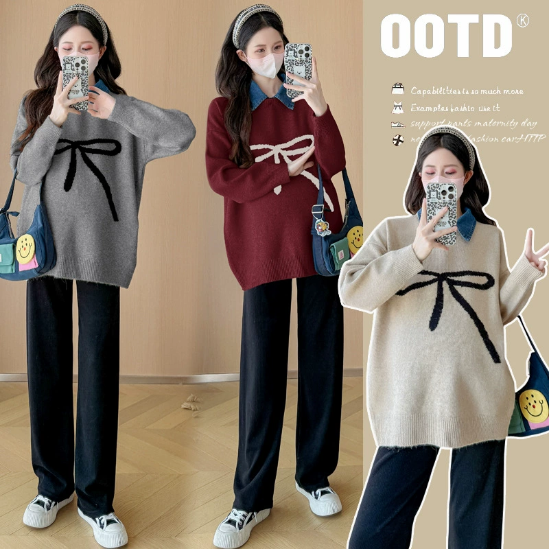 Беременная женщина свитер топ 2024 осенний корейский бант ленивый свободный ветер джинсовый воротник пуловер для беременных вязаный свитер