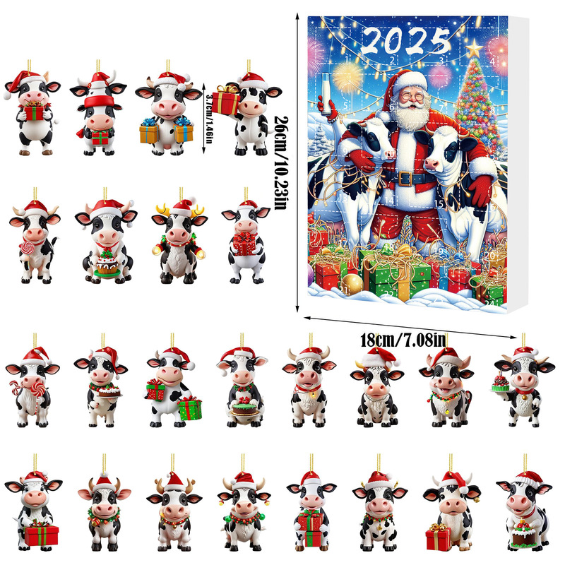跨境2025圣诞降临倒计时盲盒 圣诞老人奶牛农场挂件圣诞树装饰品|undefined